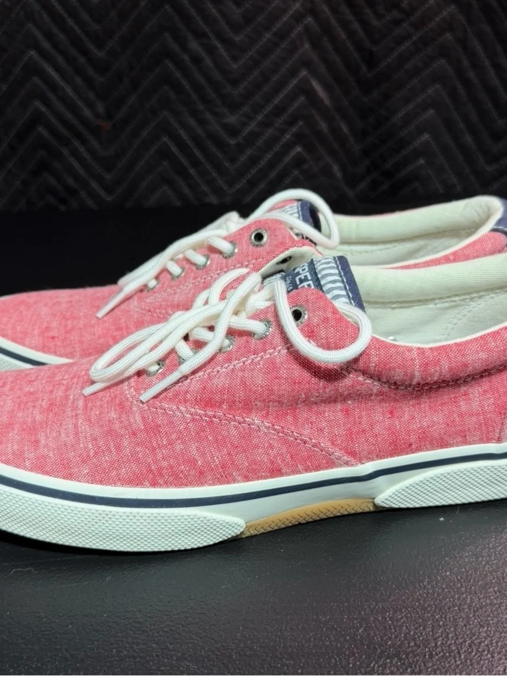 Sperry Mens Coral Red Canvas Lace-Up Sneakers